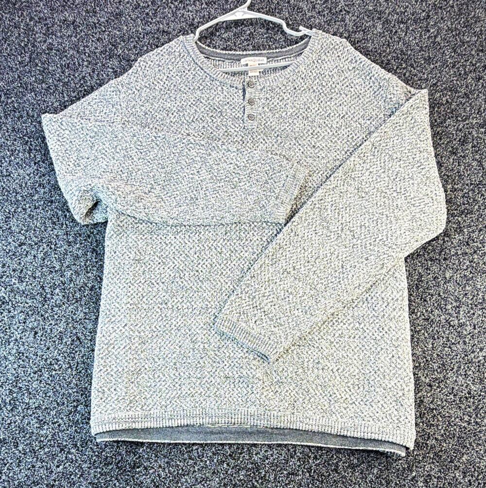 carbon2cobalt Mens 2XL Gray White Heathered Henley Cotton Knit Sweater Logo
